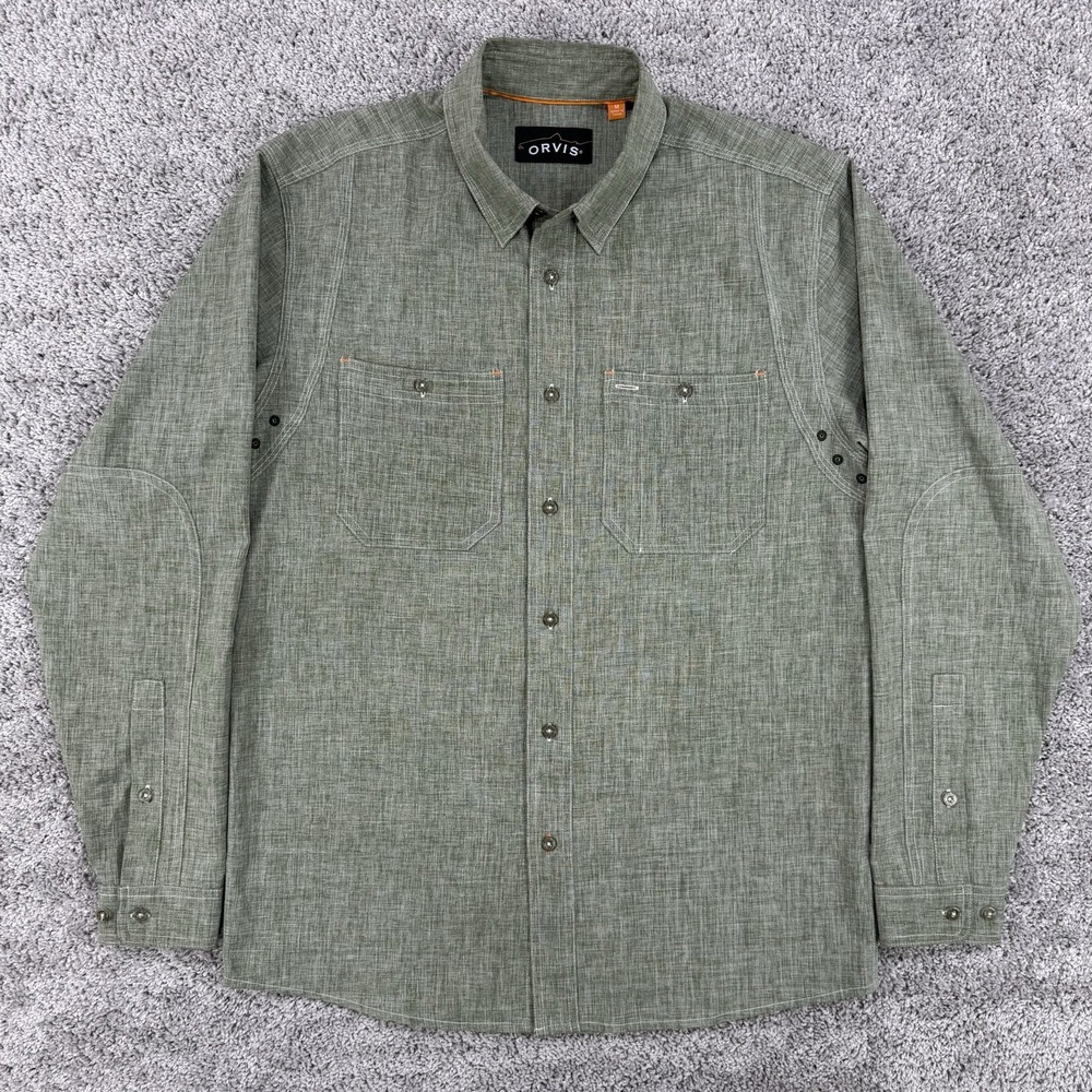Orvis Tech Chambray Shirt Men's M Green Long Sleeve Button Down Fishing Outdoors